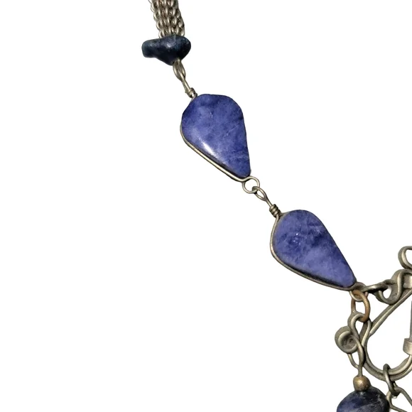 Vintage Artisan Blue Sodalite Teardrop Silvertone Dangle Statement Necklace